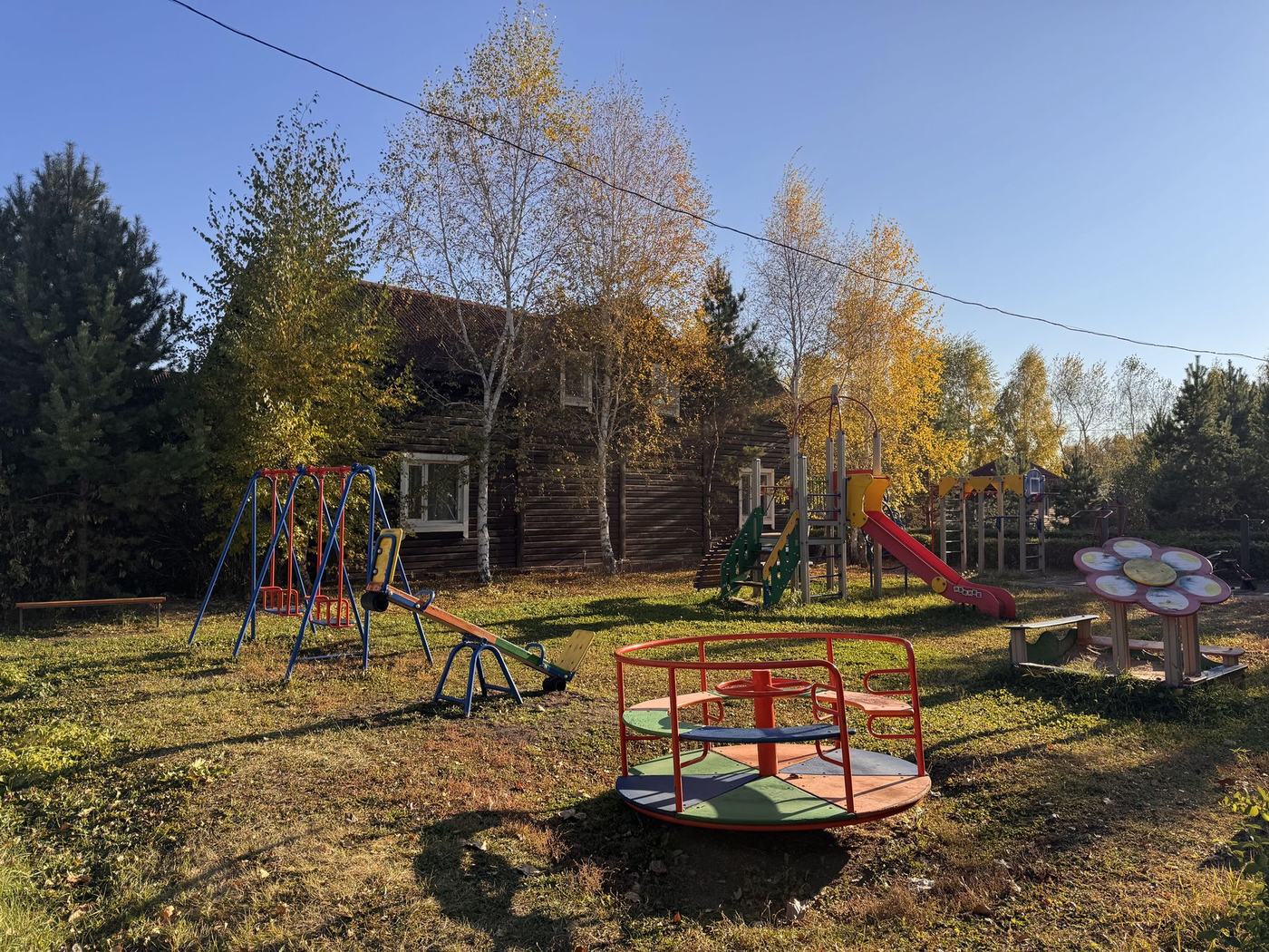 Детская площадка с каруселью среди берёз
